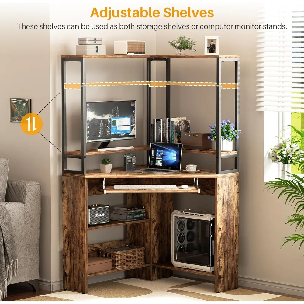 Mesa de canto pequena com gaiola, mesa de computador de canto resistente com tomadas de energia e luz LED, mesa de jogos de canto triangular