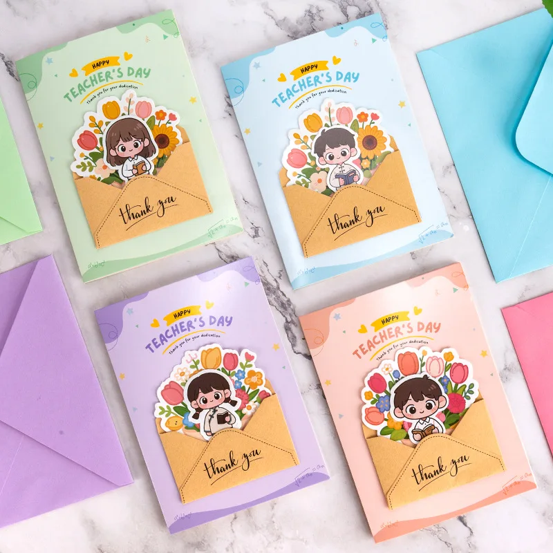 

2Pcs New Teacher's Day 3D Pop-Up Card: Handmade Folded Card with Cute Cartoon Designs, Holiday Thank-You Messages, and Envelope