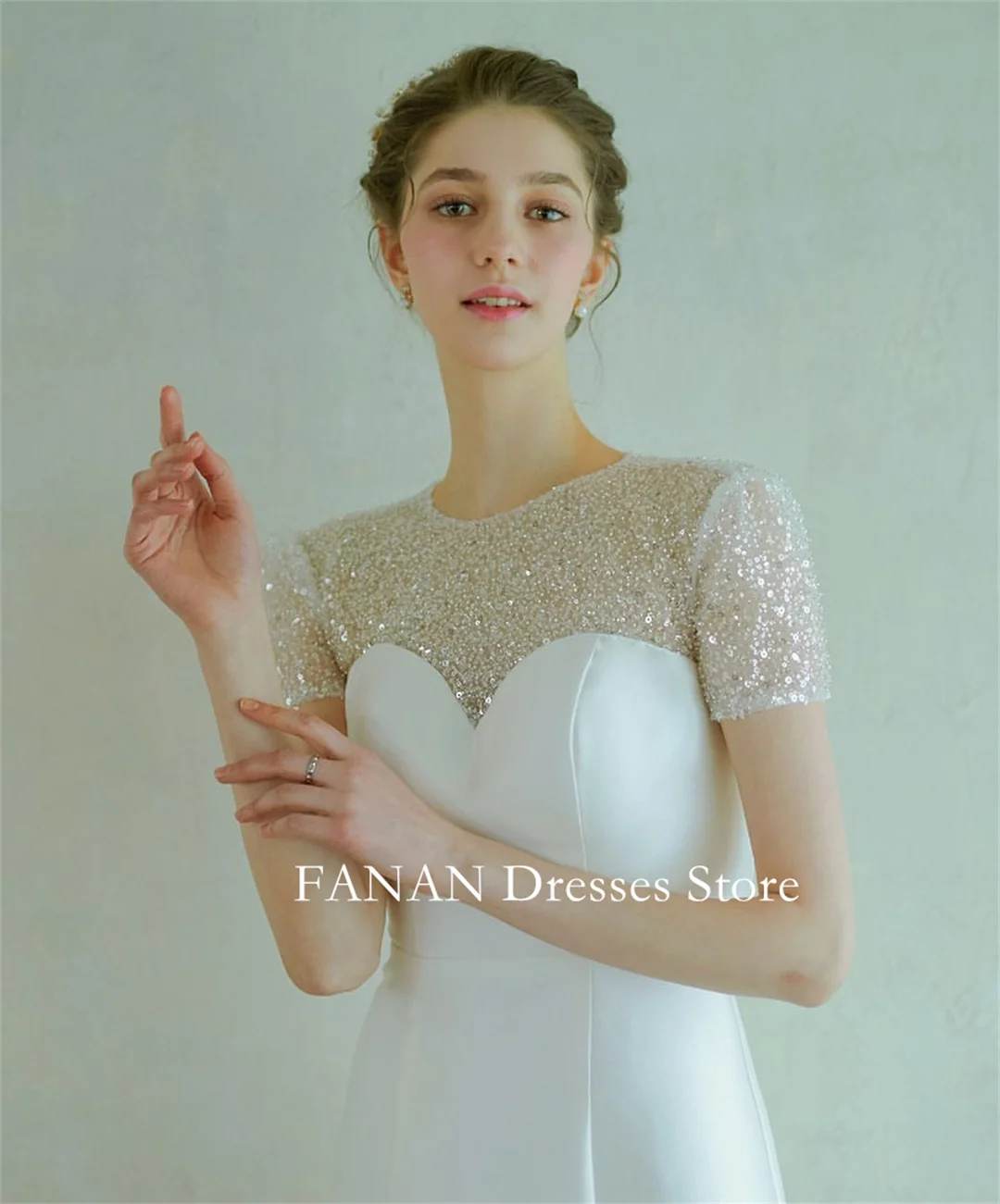 FANAN Elegant A-Line Korea Ivory Satin Wedding Dresses 웨딩드레스 O-Neck Floor Length Customized Pretty Bride Gowns Plus Size