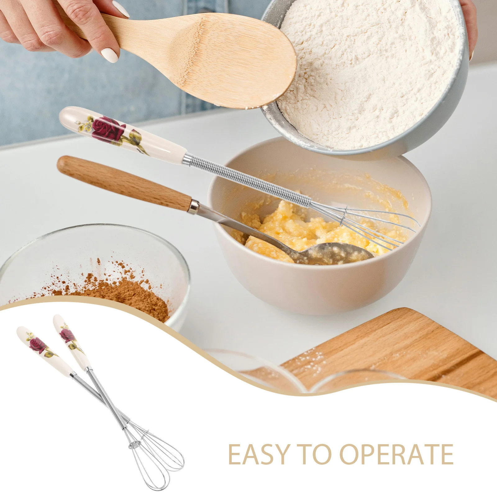 

2Pcs Egg Mixer Stainless Steel Hand Whisk Manual Kitchen Whisk Ceramic Handle Milk Cream Stirrer Small Whisks Stainless Steel