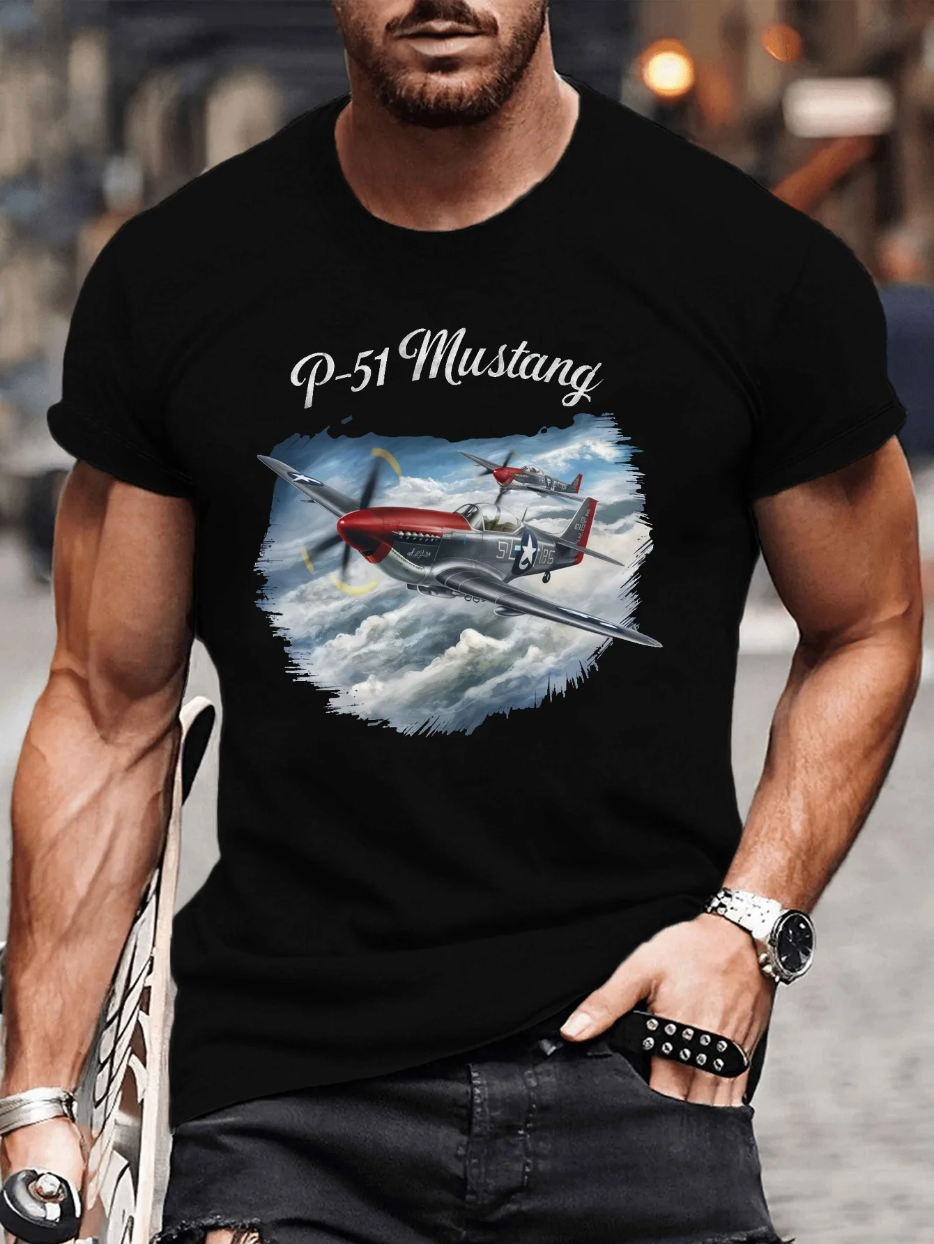 

P-51 Mustang Fighter Aircraft Illustration Print T-Shirt 100% Cotton O-Neck Short Sleeve Summer Casual Mens T-shirt Streetwear