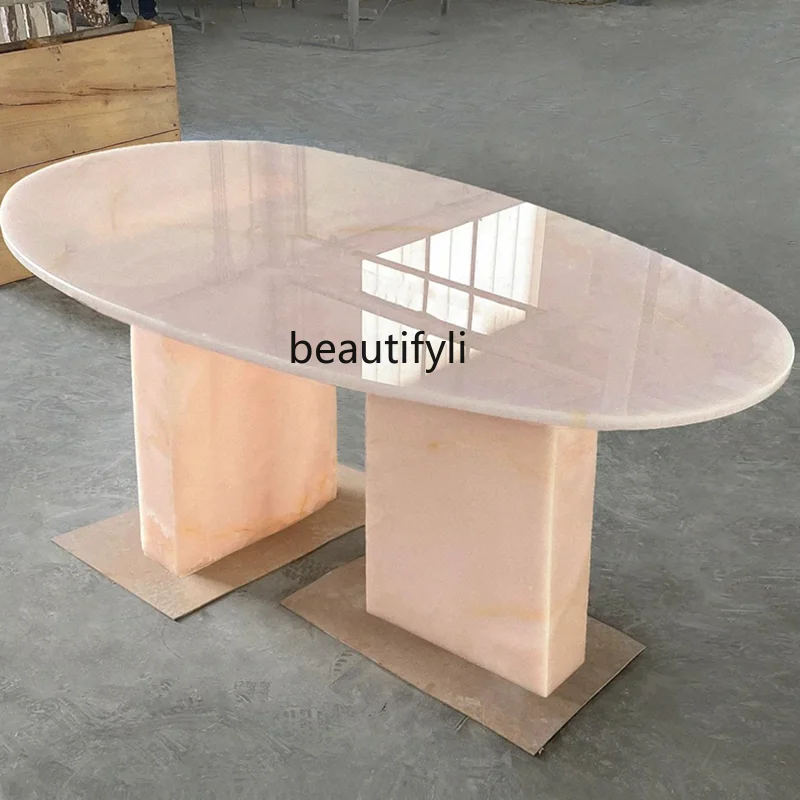 Natural powder jade marble dining table luxury stone desk natural stone large apartment dining table