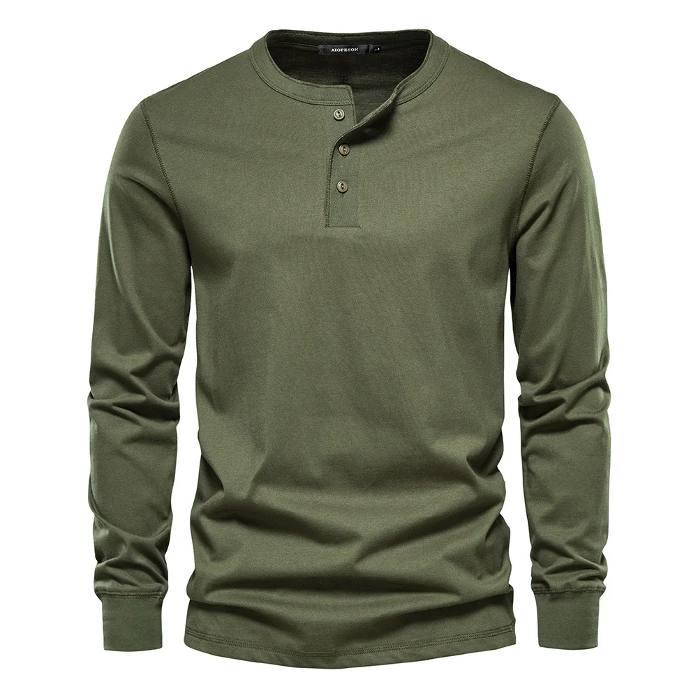 Camiseta con cuello Henley para hombre, camisa informal de manga larga de Color sólido, 100% algodón, de alta calidad, a la moda, otoño