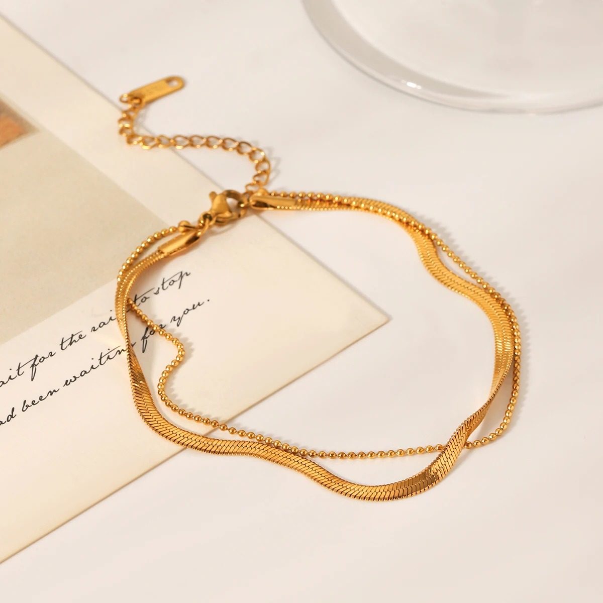 

Huangchao Double Bead Snake Chain Anklet for Women's Stainless Steel 18K Gold Plated Foot Chain Fashion Jewelry Accessories Gift
