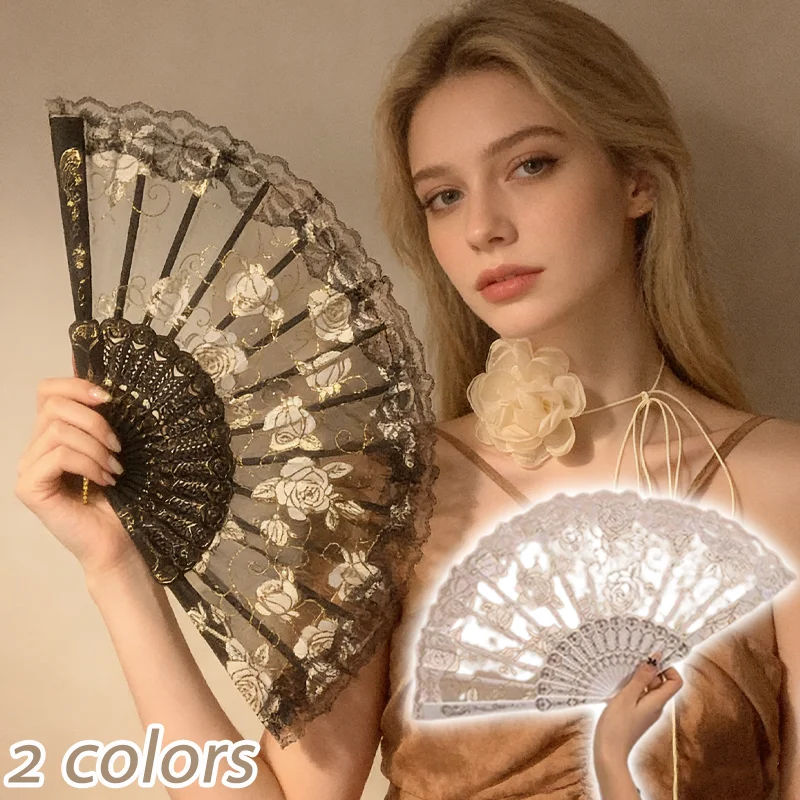 Children Chinese Lace Rose Fan Summer Folding Fan Ancient St