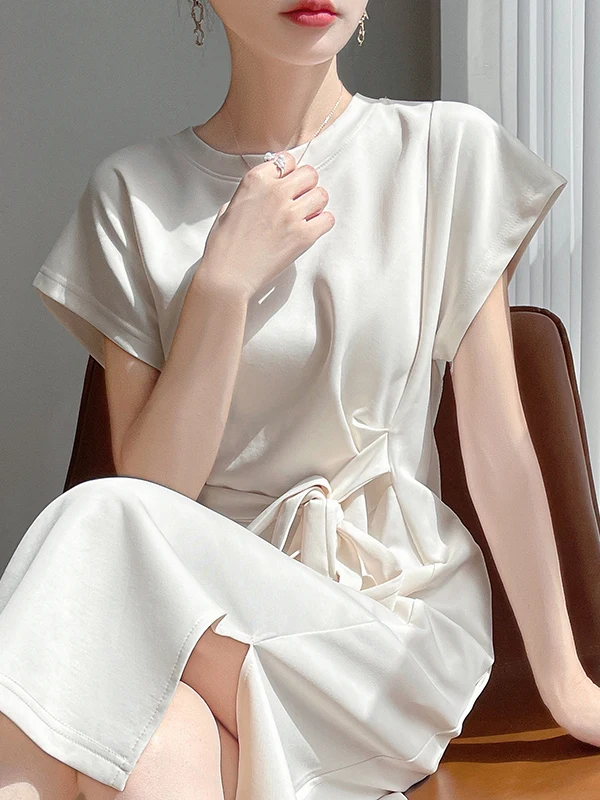 Estate 2025 Nuovo acetato di raso Dr delle donne rotonde Ne Semplice simulazione seta Faion con cintura gonna longuette Pendolarismo Basic Sle