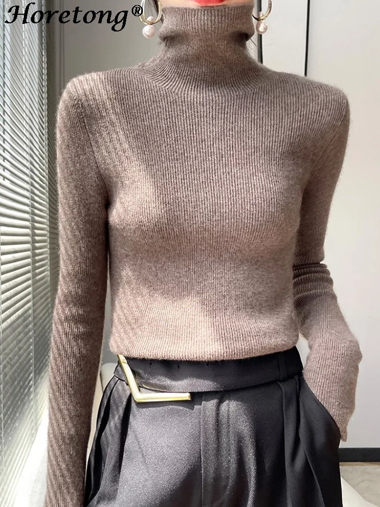 Horetong 2022 Autumn Winter Wool Sweater Women Turtleneck Solid Elastic Slim Knitted Pullover New All-match Elegant Comfort Tops