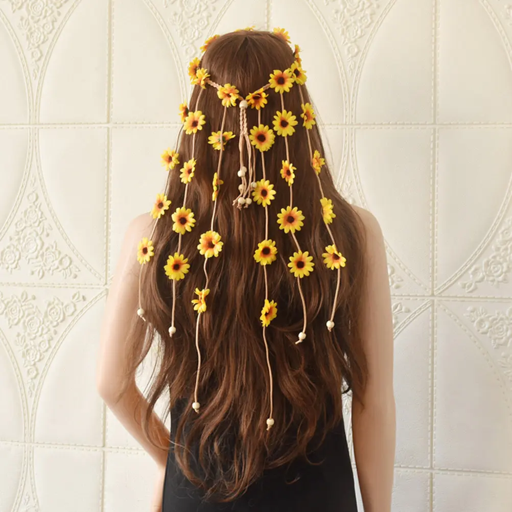 

Повязка на голову с цветами подсолнуха, регулируемая, удобная, с цветочными кисточками, для Хэллоуина, вечеринок, свадеб, пляжного отдыха, фотосессий