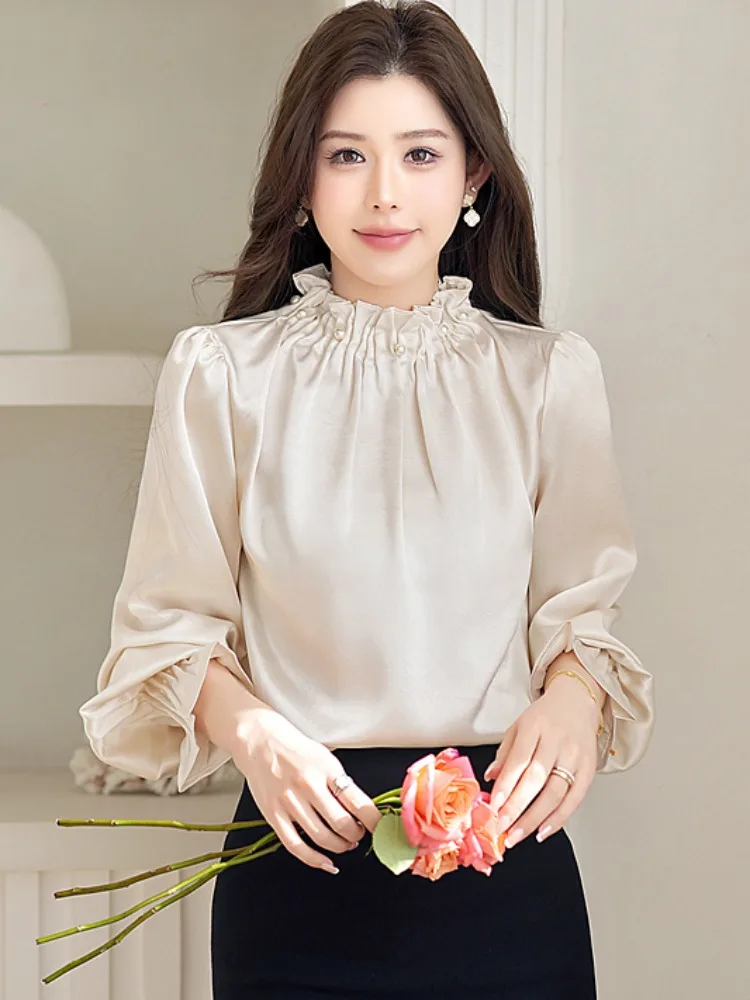 

Ele Beaded irt Women's Spring Faionable Stand Collar Long Sve Pearl Beautiful Top Quali Ladies' Lace Blouse