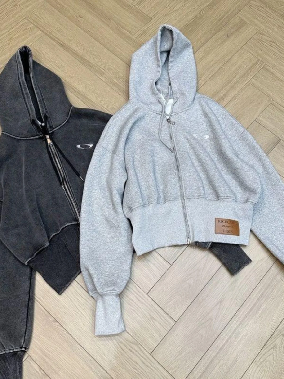 American Retro Washed Double Zipper Hoodie Jacket Women's Short Style Autumn Winter Design Sense Cardigan Top Street Style