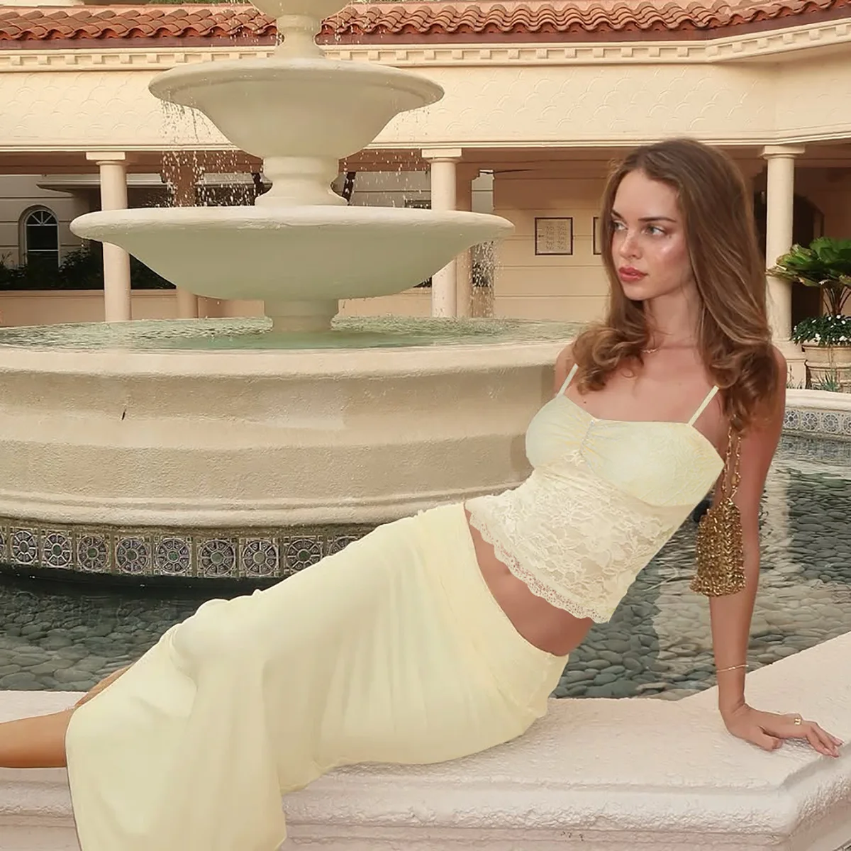 2025 primavera e verão novas roupas femininas rendas tubo superior colete saia quadril conjunto z350