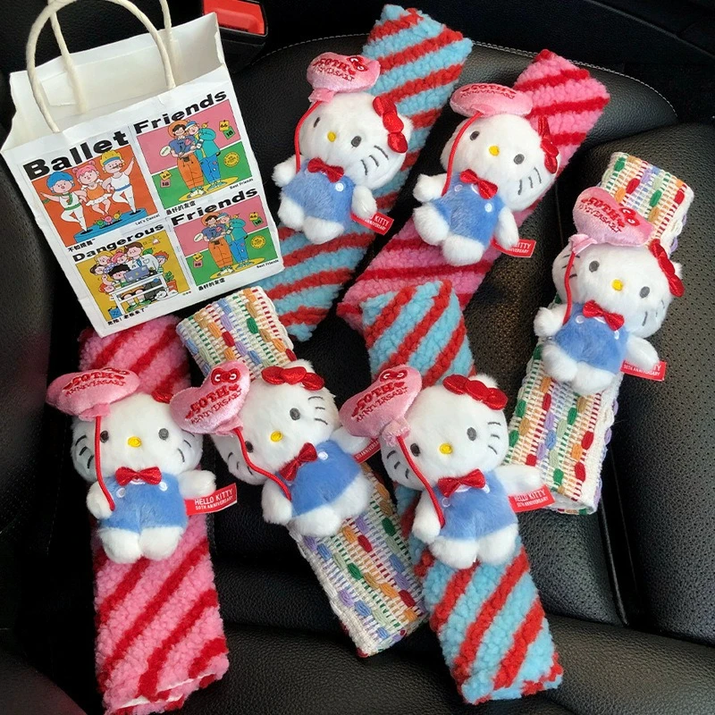 

Hello Kitty 50th Anniversary Car Seat Belt Covers Plush Doll Colorful Knitted Auto Interior Accessory