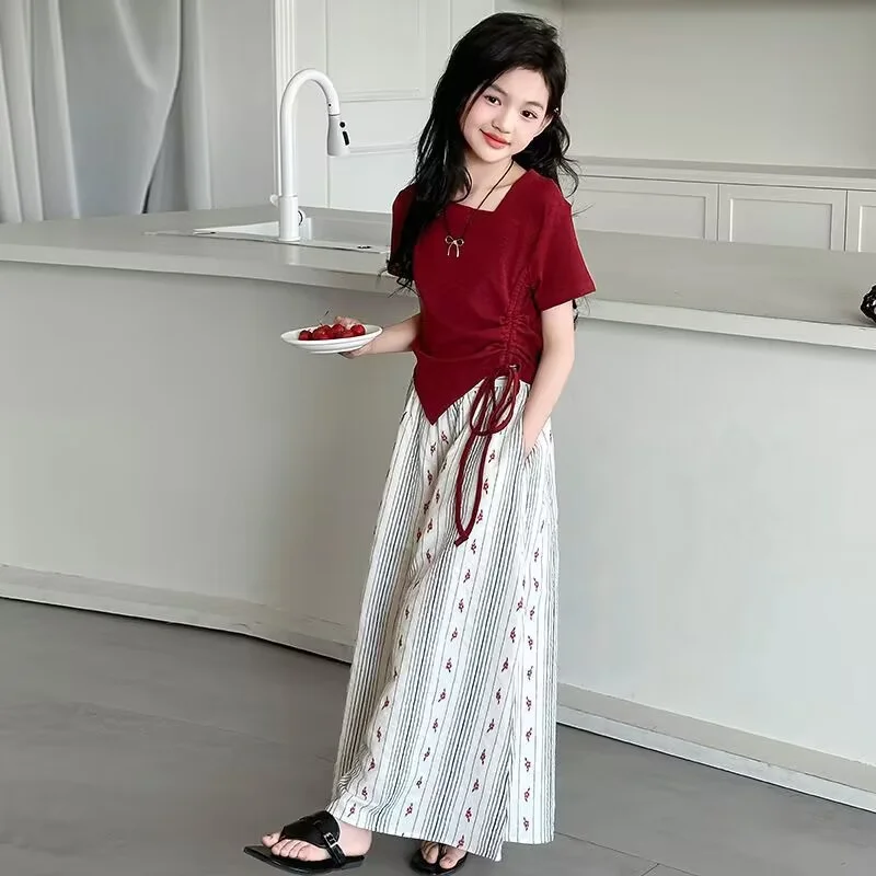 Kids Summer Casual Suits Girls Fashion T-Shirt+Pants 2Pc Children Thin Loose Print Trousers Solid Top Outfits 5-14 Years  345