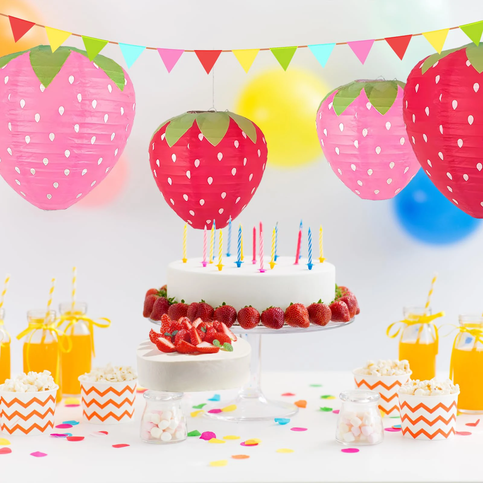 6PCS Strawberry Lanterns for Fruit Themed Party Decor Birthday Strawberry Decorations Party Supplies Hanging Ornaments