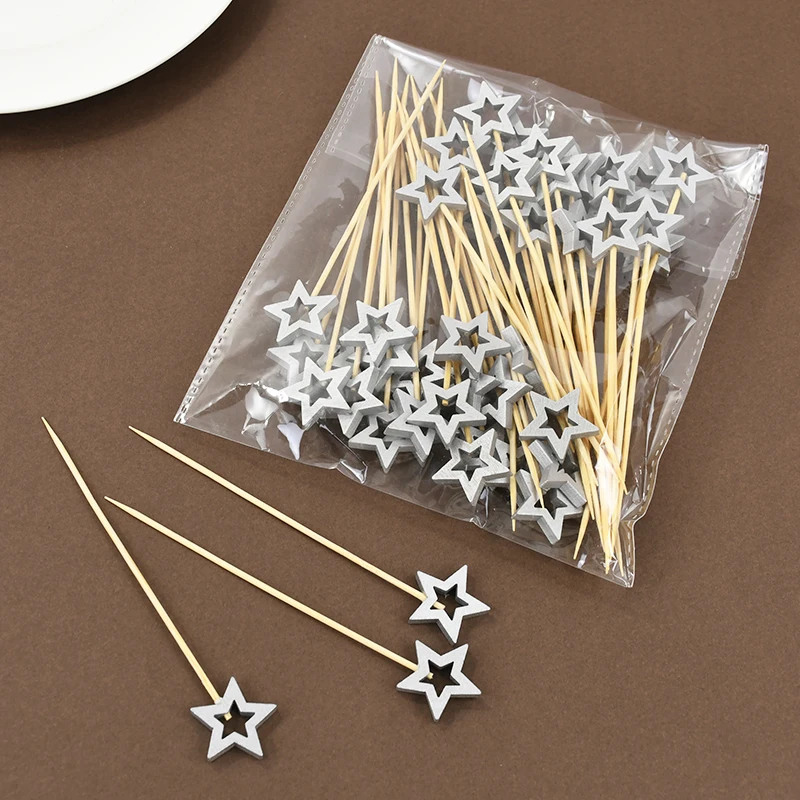 50 Uds. Brochetas de bambú desechables con forma de estrella dorada y plateada, selecciones de cóctel para comida, vajilla, tenedor para magdalenas, palitos, decoración de mesa de fiesta