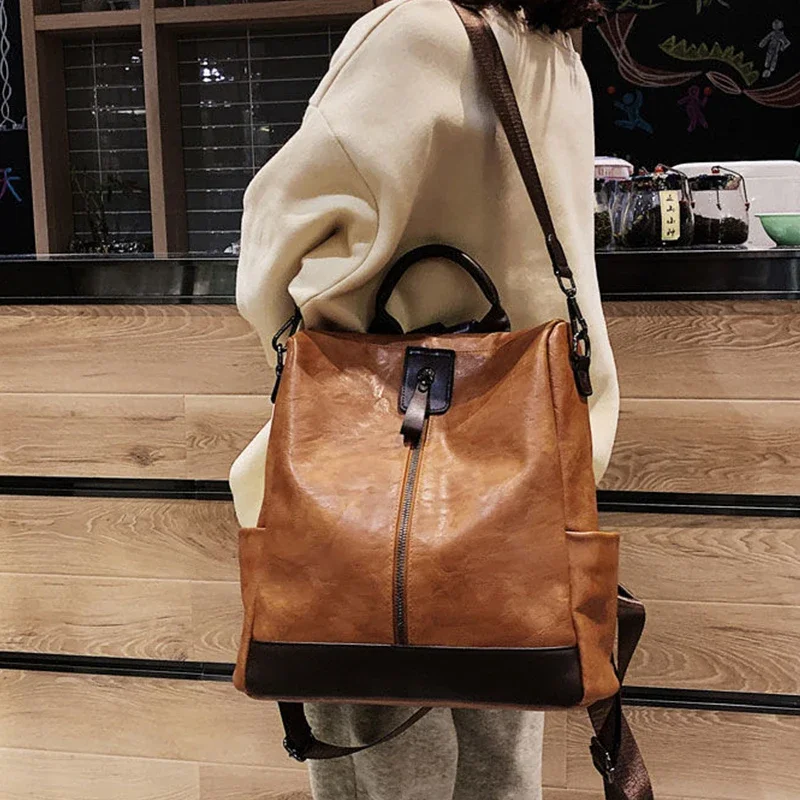 Vintage Backpack Women  Soft PU Rucksack Large Capacity Travel Backpack Anti-theft School Bag High Quality Leather Knapsack sac