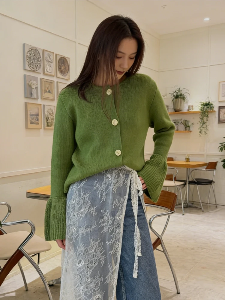 

Tsiisd модный вязаный свитер, кардиган, пальто, женский свободный однотонный женский вязаный кардиган с рукавами принцессы в рубчик, весенний кардиган