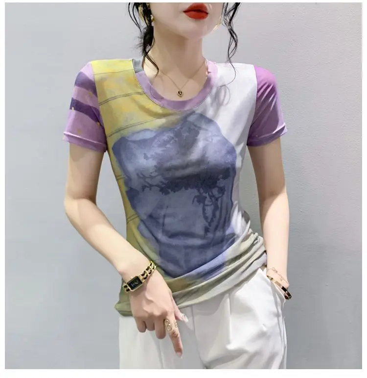 Nieuwe zomer slanke mesh positionering bloem modieus shirt met ronde hals en korte mouwen damesbasisshirt