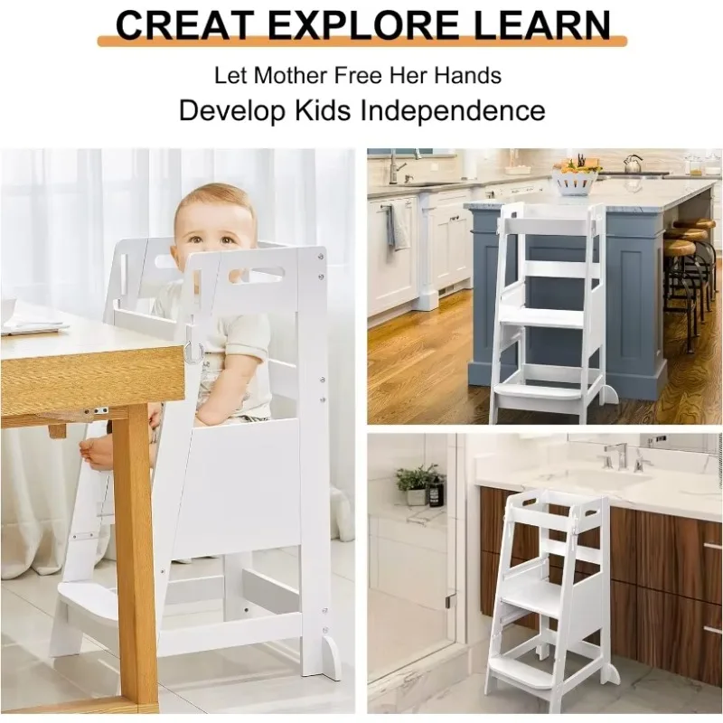 TOETOL Bamboo Toddler Kitchen Step Stool Helper Standing Tower Height Adjustable with Anti-Slip Protection for Kitchen Counter