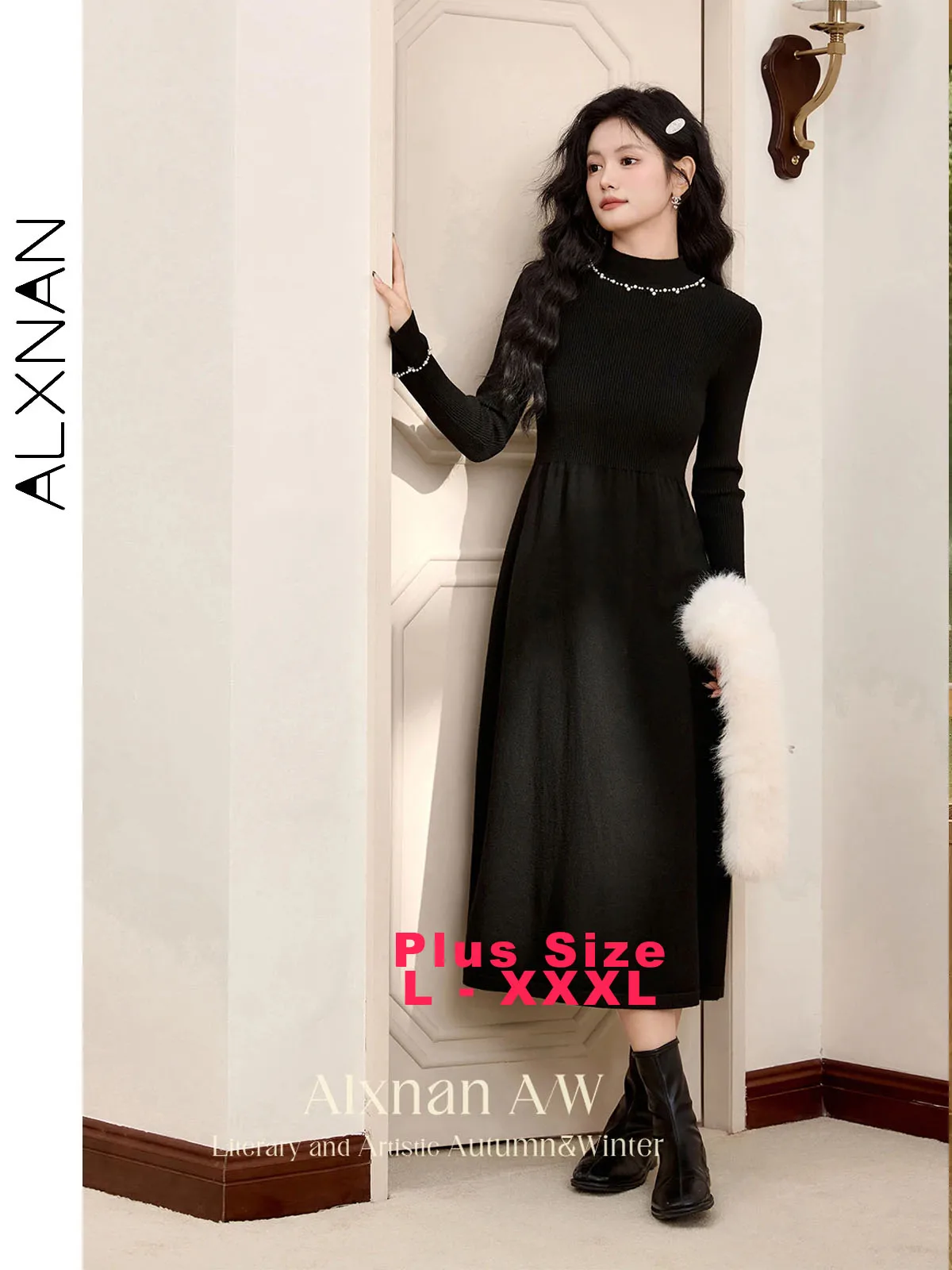

ALXNAN Plus Size Black Long Dress Fall Long Sleeve Dress Round Neck Elegant Knitted Dresses Pearl Design Fashion Clothes D08205