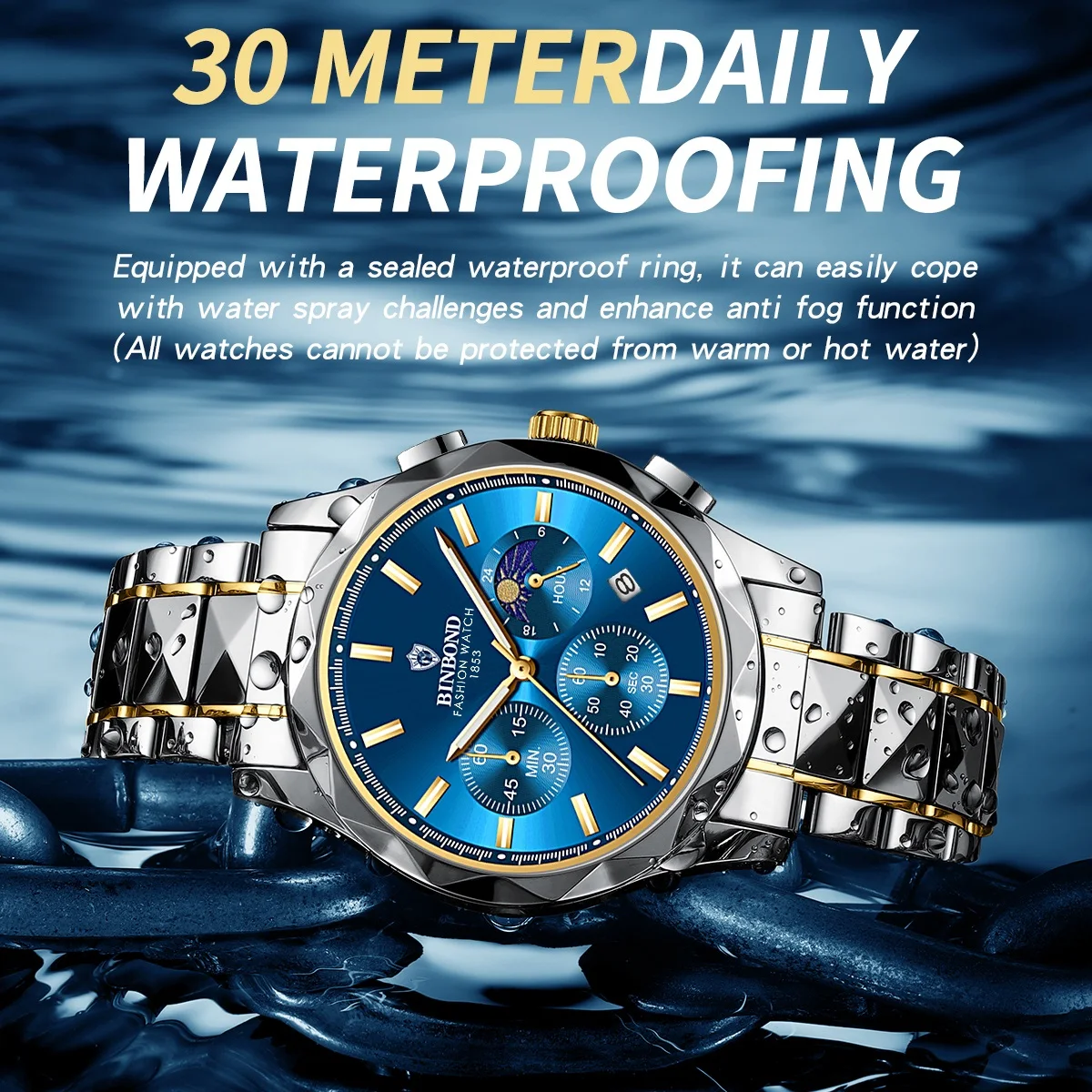 BINBOND Orologio da uomo multifunzionale con fibbia a farfalla a sei aghi Orologio al quarzo impermeabile con doppio calendario alla moda in acciaio al tungsteno