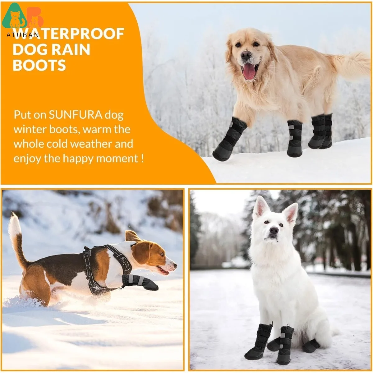 ATUBAN Dog Rain Boots with Warm Fleece, Waterproof and Skid-Proof Medium Large Dog Shoes with Reflective Straps and Rugged Sole