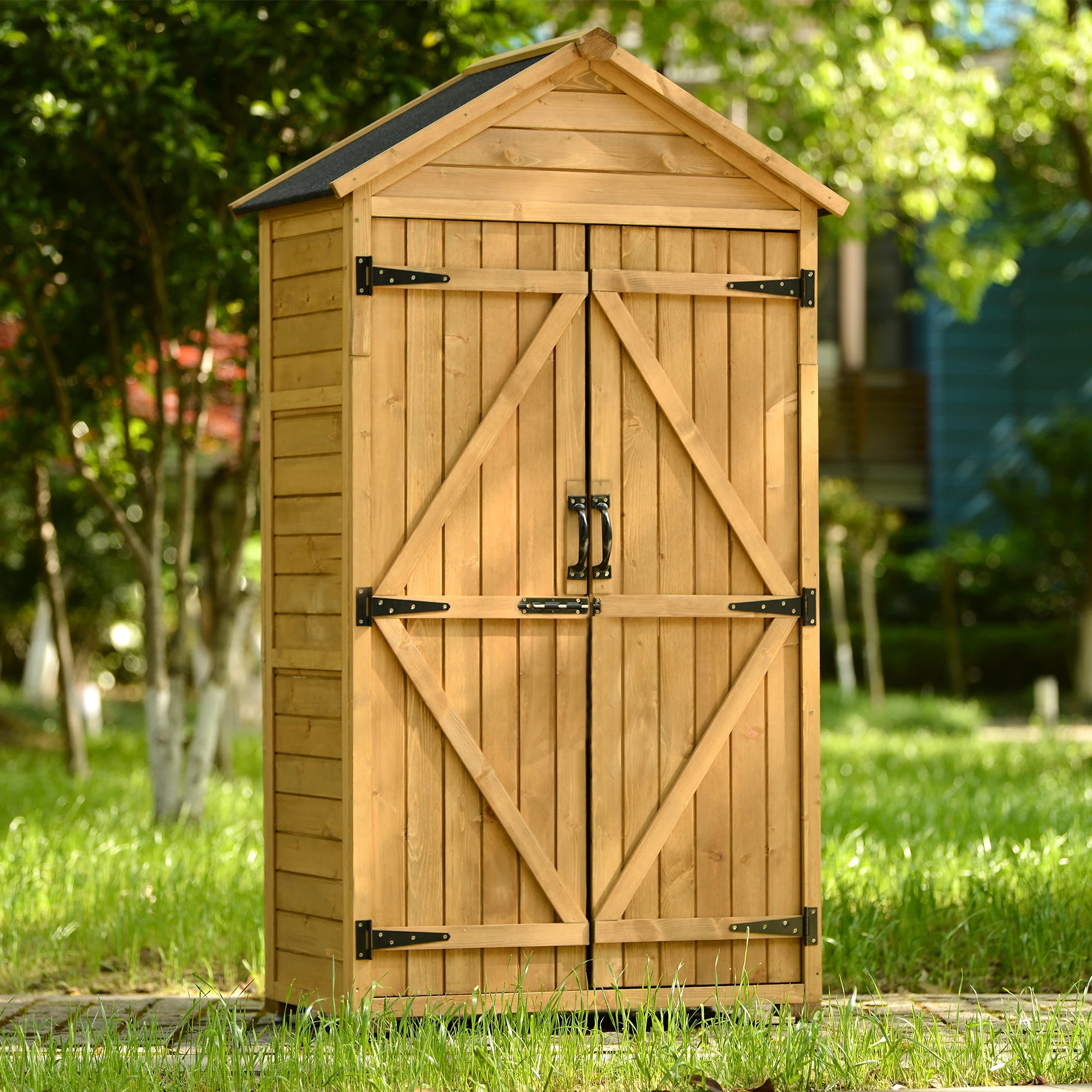 

.8ft x 3ft Outdoor Wood Lean-to Storage Shed Tool Organizer with Waterproof Asphalt Roof, Lockable Doors, 3-tier Shelves