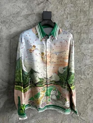 Silk Drop Shirt Holiday Style Retro Gradient Landscape Floral Print Men Women Long Sleeve Shirt