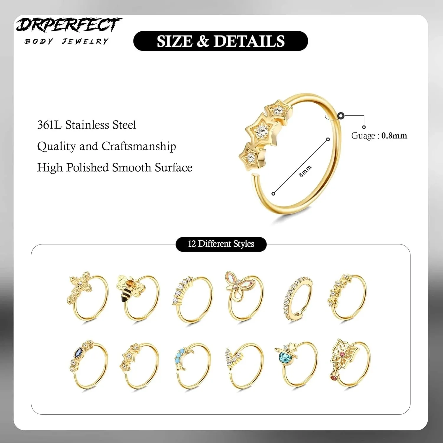 Drperfect 1Pc 20G Nose Rings Hoop for Women Men Surgical Stainless Steel Dangle Nose Ring Cartilage Earring Piercing Jewelry