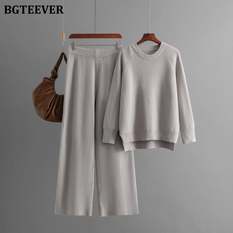 BGTEEVER Winter Warm Female 2 Pieces Sweater Set O-neck Long Sleeve Knitted Pullovers Women Knitting Trousers Suits