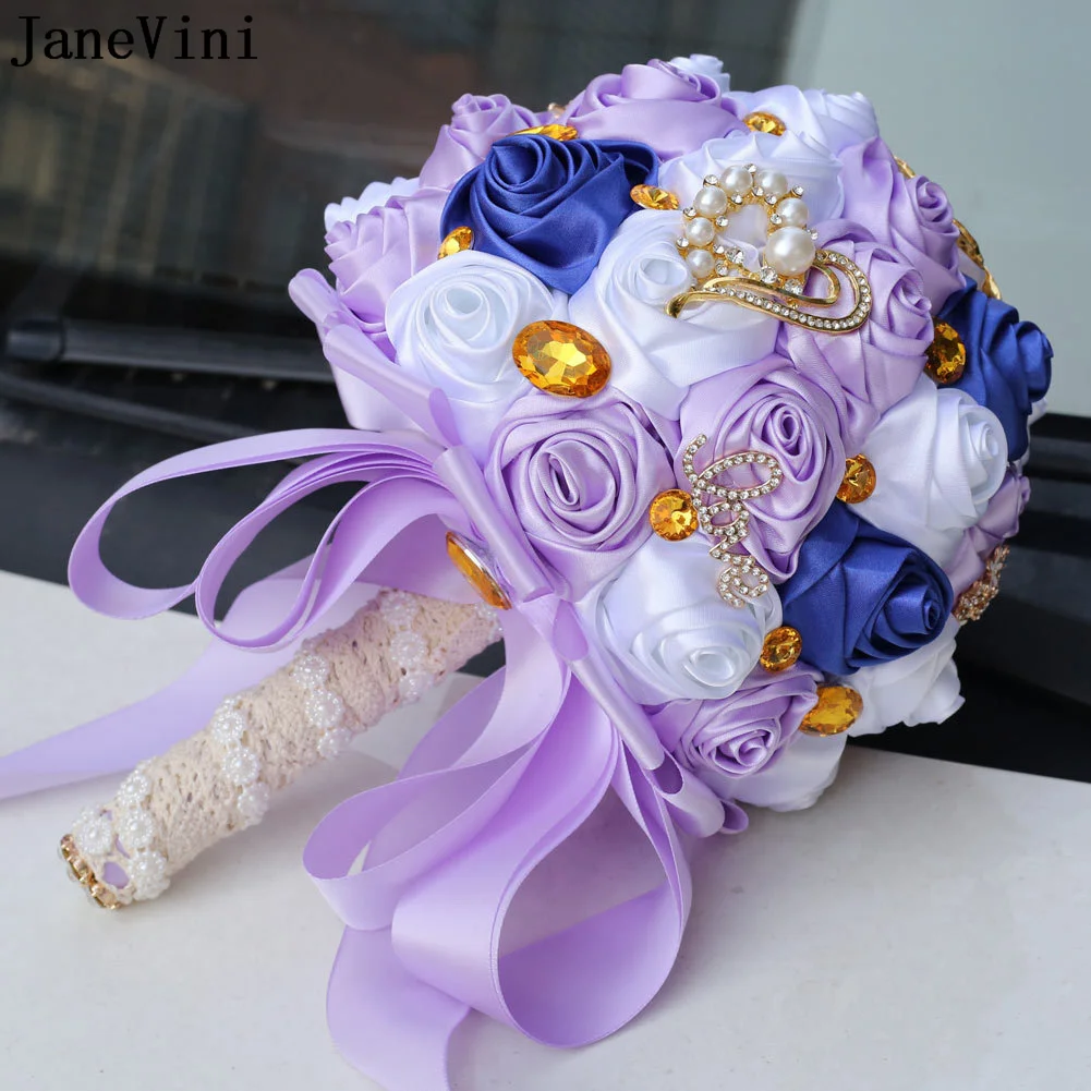 Janevini lindo roxo flores de casamento bouquets de noiva brilho ouro cristal artificial buquê de casamento pérolas noiva flor