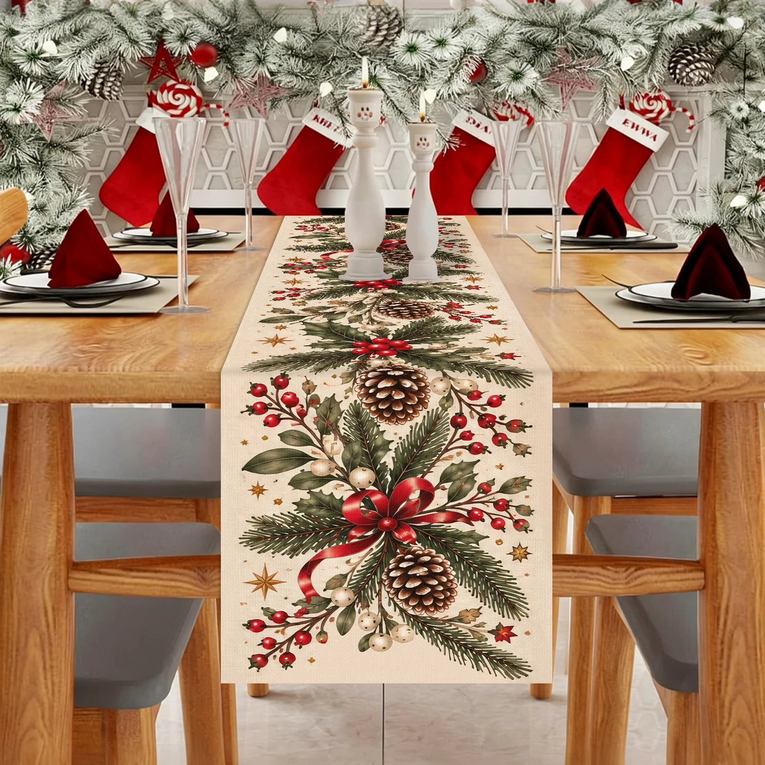 Pinecone Holly Berry Christmas Table Runner Winter Greenery Xmas Dining Table Cloth Holiday Kitchen Decorations Polyester