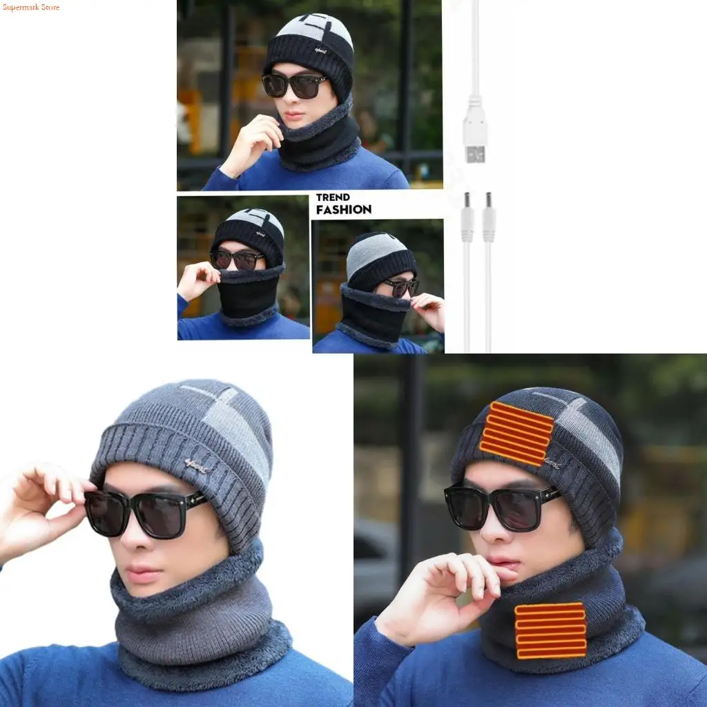 Q5WE Winter Cold Protections Knitted Hat Beanie Hats and Scarf Unisex USB Heated Hat