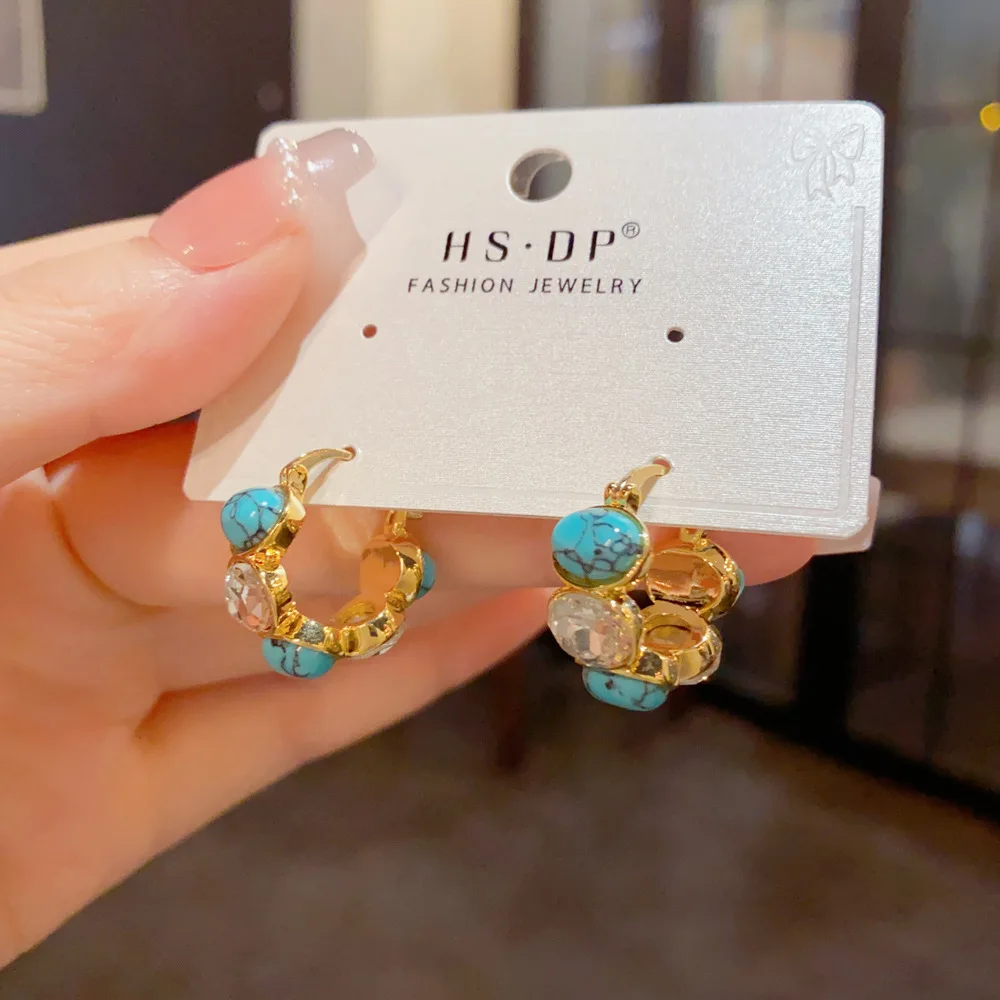 Retro Turquoise Stone Huggie Earrings Golden Round Frame Geometric Hoop Ear Jewelry Unique Birthday Present For Girl