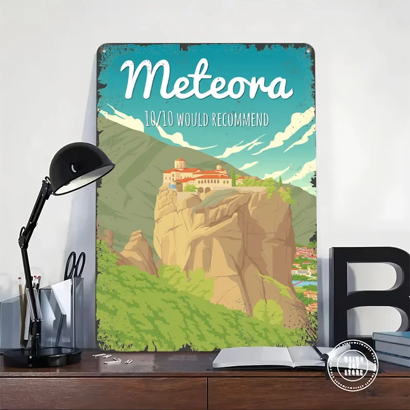 Meteora Greece Travel Poster Customized Wall Art Vintage Metal Signs Retro Tin Plaque for Man Cave Decoration Room Office Decor