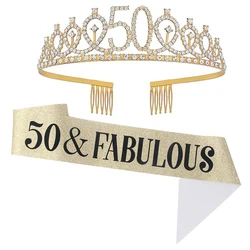 Gold Silver Glitter Birthday Tiara & Sash for Women Glitter Crystal Crown Sash Set 30 40 50th Birthday Party Decor Favor Gift