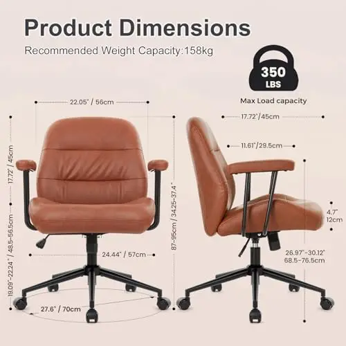 

Brown PU Leather Mid-Back Executive Chair With Removable Armrests, Adjustable Height, Lumbar Support And 360-Degree Swivel