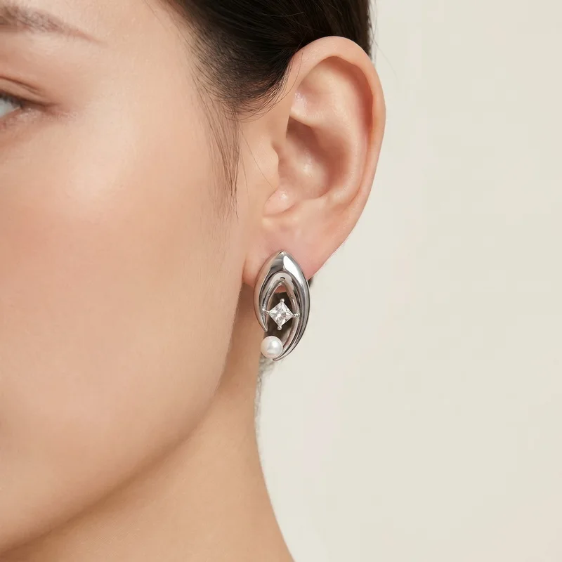 Women Stainless Steel Curved Geometric Stud Earrings Shell Pearl Square Zircon Minimal Elegant Daily Party Ear Ornaments