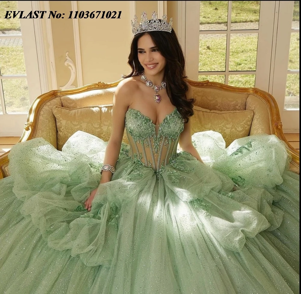 EVLAST Customized Mint Green Quinceanera Dress Ball Gown Shiny Lace Applique Beading Corset Sweet 16 Vestidos De 15 Anos SQ736