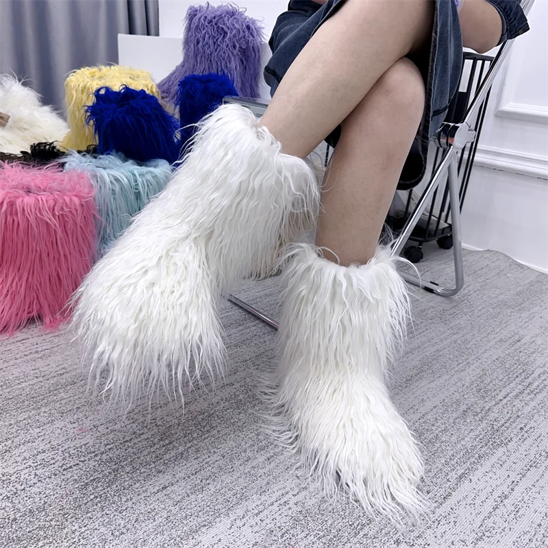 Women Winter Warm Fluffy Faux Fur Boots Luxury Designer Faux Fur Mid-Calf Boots Girl\'s Fashion Long Hair Outdoor Boots Wholesale