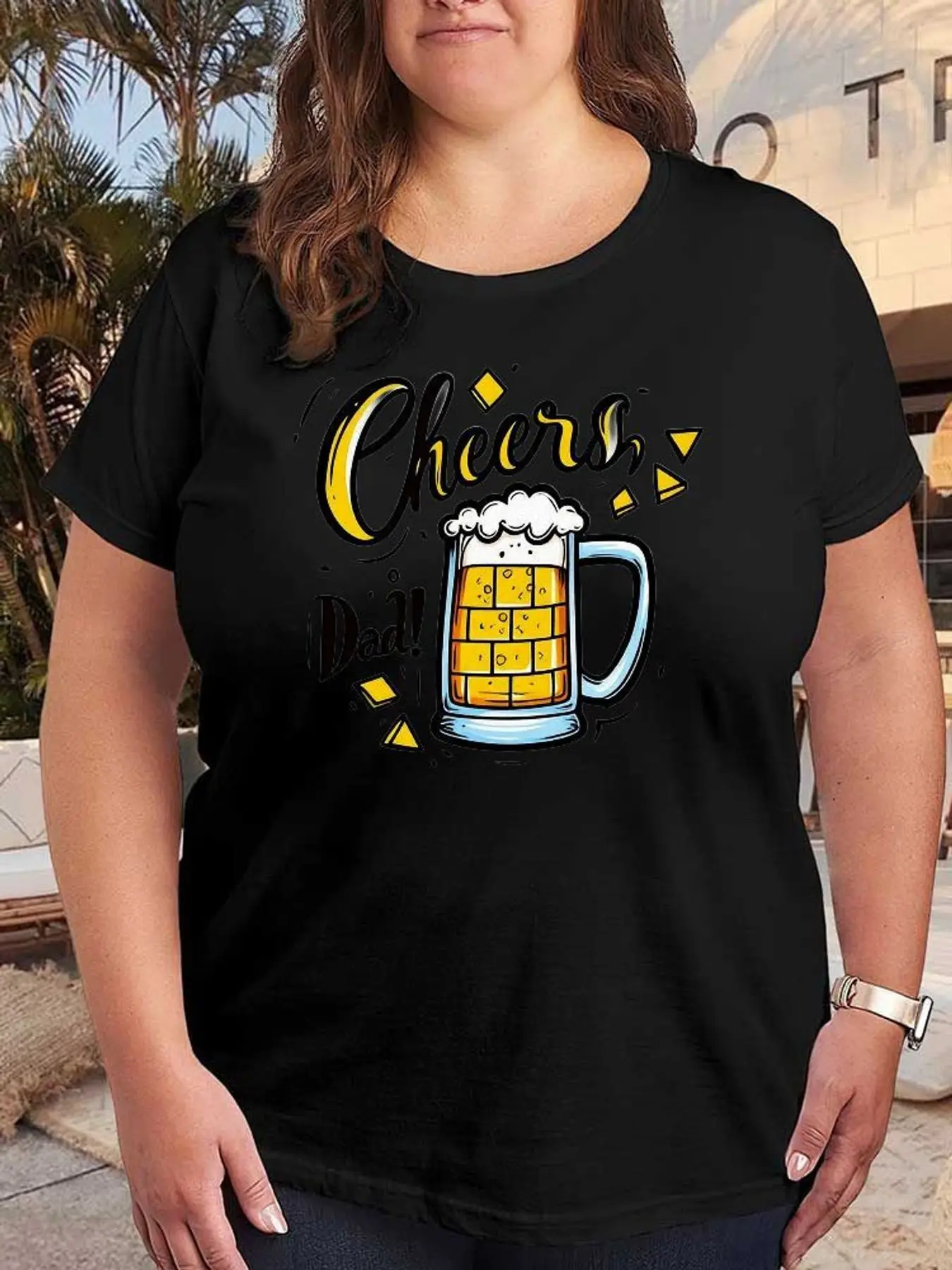 Cheers Dad Beer Graphic T Shirt Fashion Casual Stretchy Plus Size Short Sleeve Women Cotton Soft Tees Summer Clothes