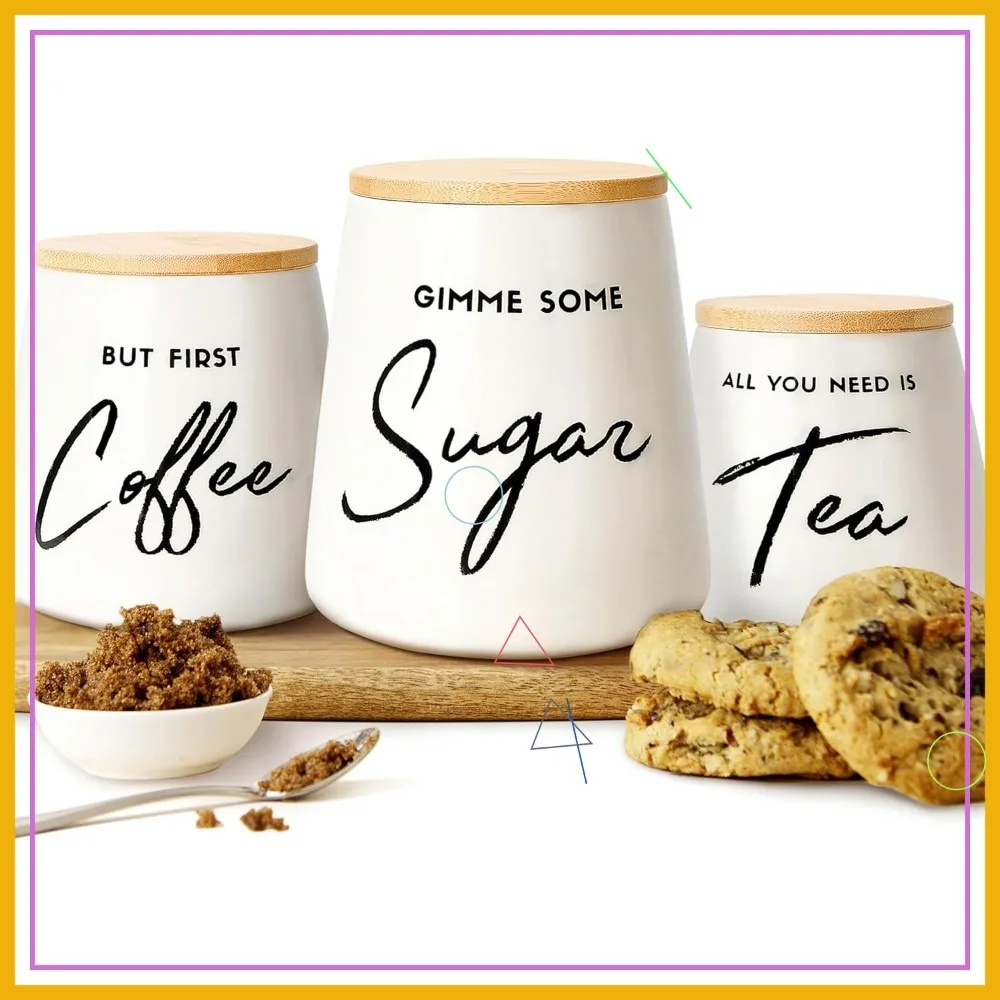 

3-Piece Airtight Ceramic Canister Set for Coffee, Tea, and Sugar - Elegant Kitchen Countertop Storage