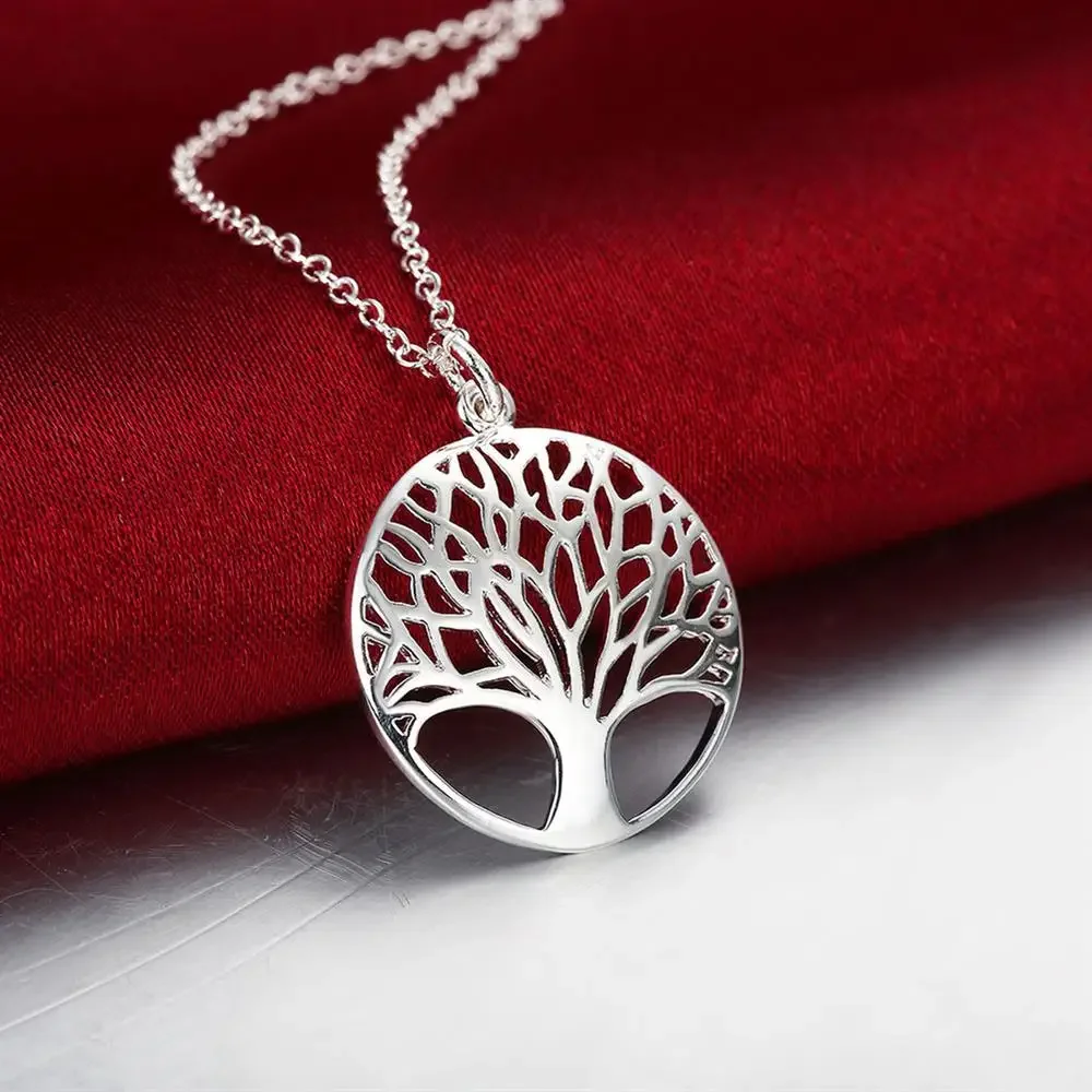 925 Sterling Silver Fine Retro Round Tree Pendant Necklace Earrings Sets For Woman Fashion Party Wedding Jewelry Set Gifts