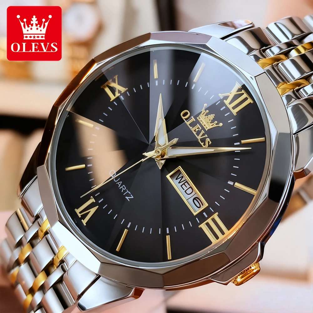 OLEVS Men's Watches Trend Fashion Stainless Steel Top Brand Original Quartz Wristwatch Rhombus Mirror Waterproof Luminous Date