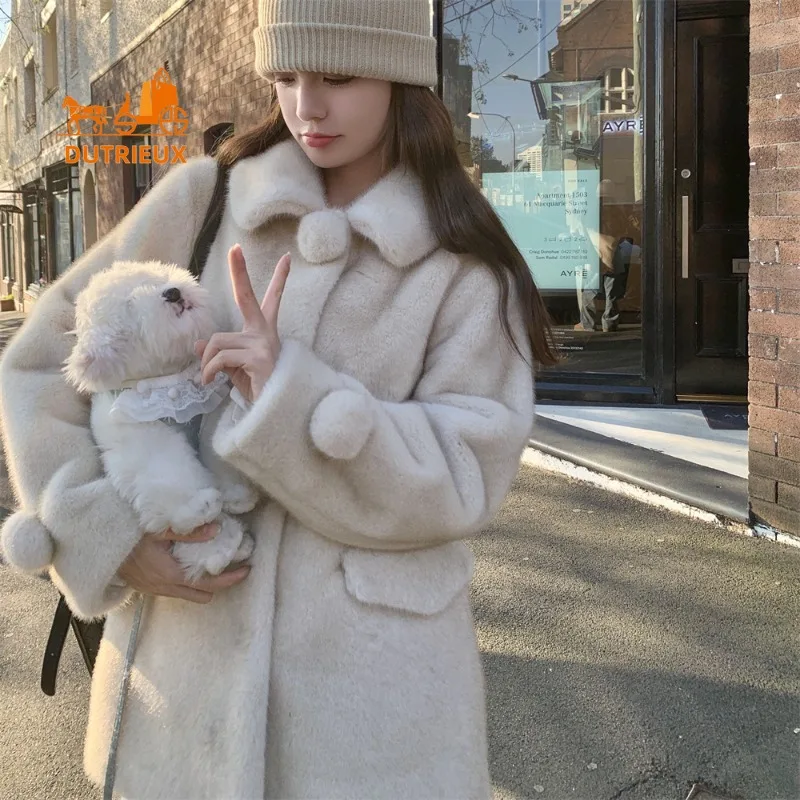 New Winter Women's Coat High Quality Genuine Fur Loose Version Elegant Temperament Medium and Long Woolen Coat Warm Travel Coat