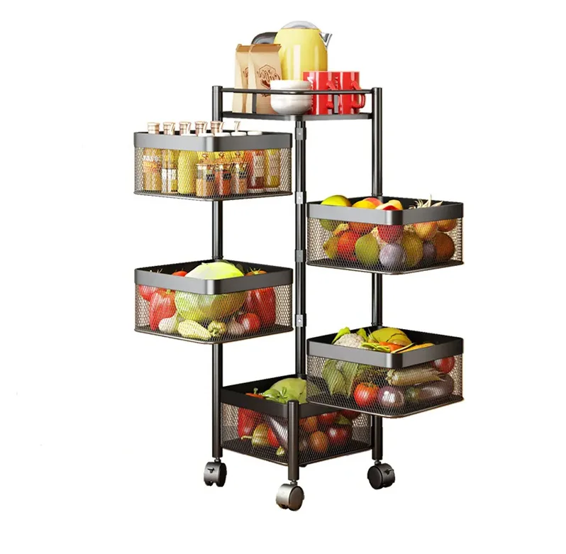 Kitchen Vegetable Rotating Storage Shelves Rack With 5 Tier Metal Multi Layer Storage Basket Shelf Organizer With Rolling Wheels