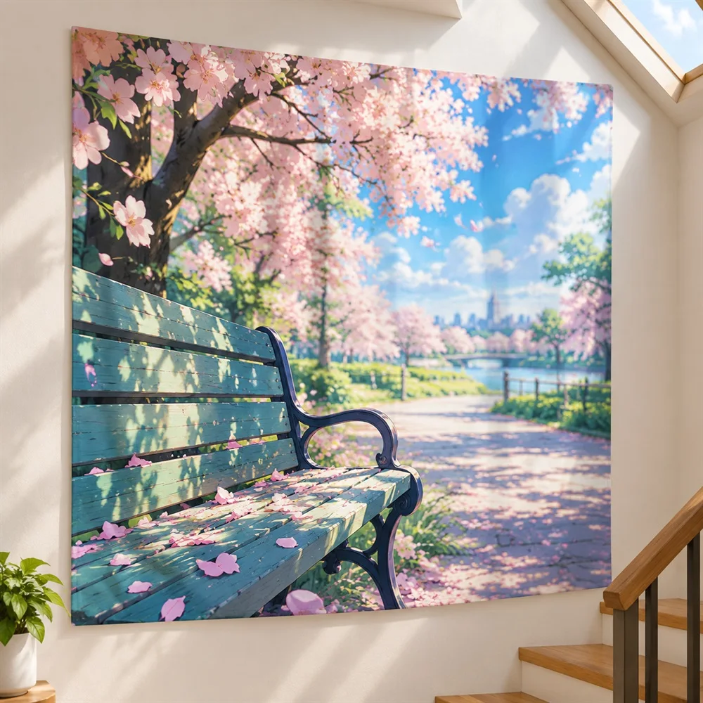 VIKAMA Sakura Bench Anime Tapestry Wall Hanging, Aesthetic Pastel Anime Room Decor Tapestries for Bedroom Living Room Study Dorm