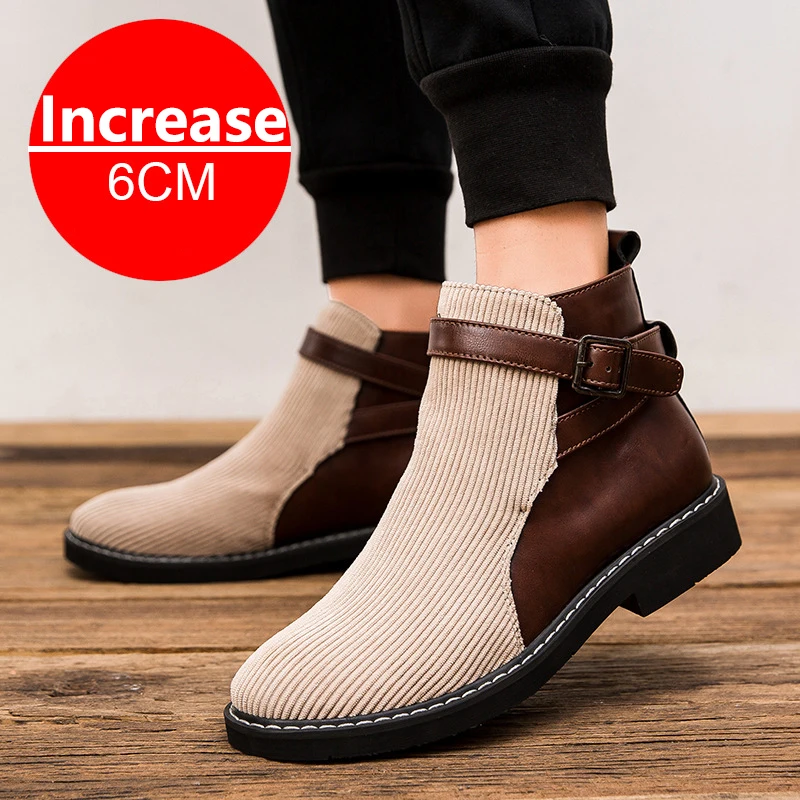 Retro Men Elevator Shoes Middle-top Boots 6CM Invisible Inner Increase Shoes Men's Height Increasing Shoes New Leather Men Boots
