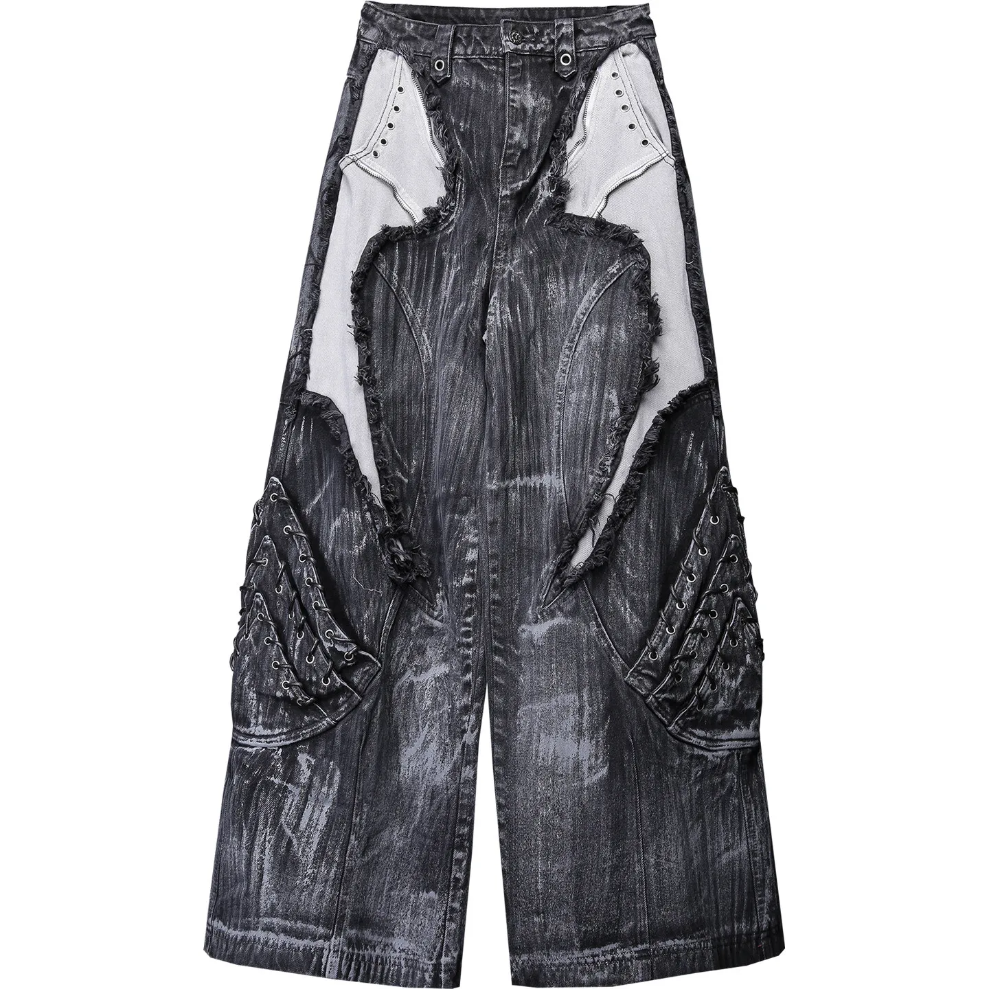 Wasteland Style American Heavy Industry Distressed Dirty Dyed Stitching Jeans Men's Deconstruction Design Black Wide-Leg Pants