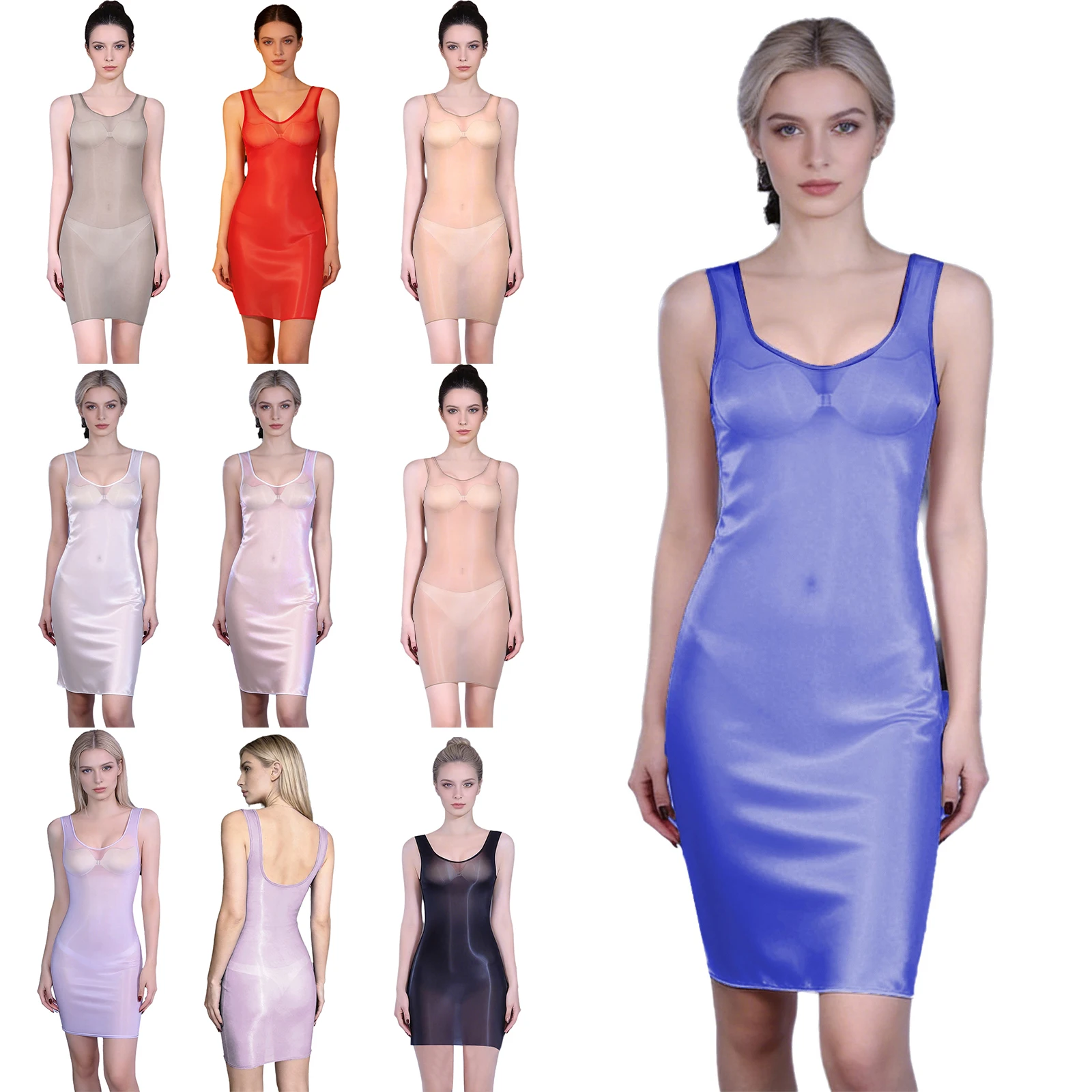 Sleeveless Ice Silk Micro Mini Dress Glossy Sheer See Through Transparent Bodycon Tight Pencil Dress Sleepwear Stretchy Clubwear view 6